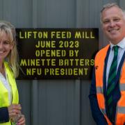 President of the National Farmers' Union Minette Batters, left, opens the upgraded Lifton Feed Mill, with Mole Valley Farmers CEO Jack Cordery