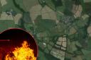 Atherington, where the fire broke out, with stock image of burning tractor