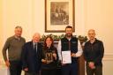 Sharon Jarvis, Deputy Head of Faculty – Land-based Engineering, and Richard Ingram, Livestock Manager, receive the IAgrE Team Achievement Award from IAgrE representatives Mike Whiting, Richard Robinson and Rupert Caplat.