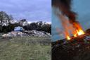 The huge waste pile before and after it had been set alight