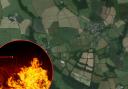 Atherington, where the fire broke out, with stock image of burning tractor