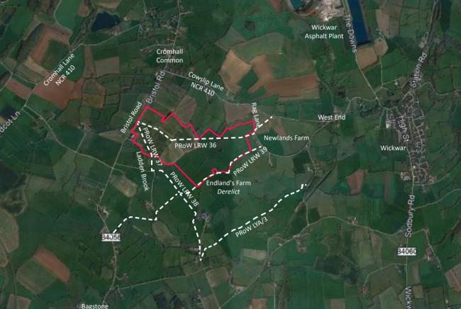 An aerial view of the site near Wickwar with a red outline showing the proposed solar farm location. Picture: The Landmark Practice