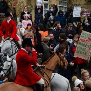 Anti-hunt protesters gathered at the meet in Lacock