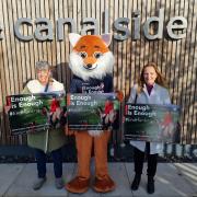 Pip Donovan (Action Against Foxhunting) and Alyson Rogers (League Against Cruel Sports) outside the Canalside in Bridgwater. Picture: League Against Cruel Sports/ Action Against Foxhunting