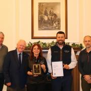 Sharon Jarvis, Deputy Head of Faculty – Land-based Engineering, and Richard Ingram, Livestock Manager, receive the IAgrE Team Achievement Award from IAgrE representatives Mike Whiting, Richard Robinson and Rupert Caplat.