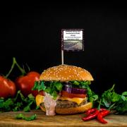 Health warning about the effect that meat farming has on global warming on a burger.